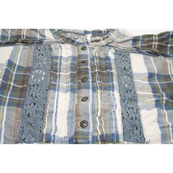 Free People Womens Medium Flannel Tunic Plaid Blue Tan Oversize Raw Hem Boho - Picture 3 of 11